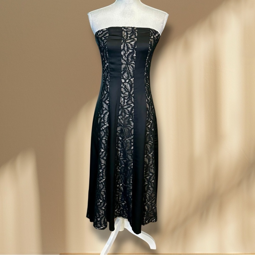NWT Donna Karan Collection Strapless Black & Cream Satin/Lace Striped Midi Dress - Picture 3 of 16